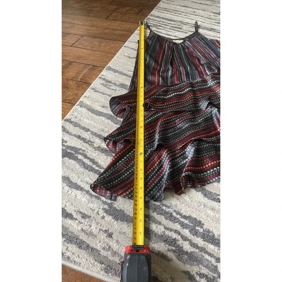 Women's Haven Silk Asymmetric Ruffle Dress Sz S Gray Red Black Dot Lightweight - Picture 6 of 7